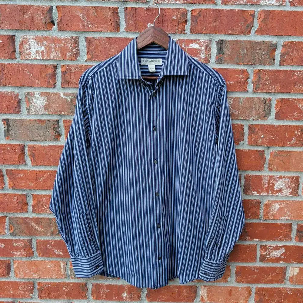 Banana Republic Striped Dress Shirt Mens L 16-16.5 Blue Navy Cotton Button Down